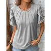 Tops Women Round Neck Pleated Short-sleeved Lace Casual T-shirt Women's Spring Summer Office Commuting Solid Color Versatile Top