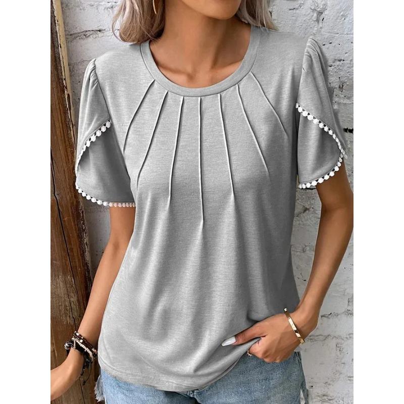 Tops Women Round Neck Pleated Short-sleeved Lace Casual T-shirt Women's Spring Summer Office Commuting Solid Color Versatile Top