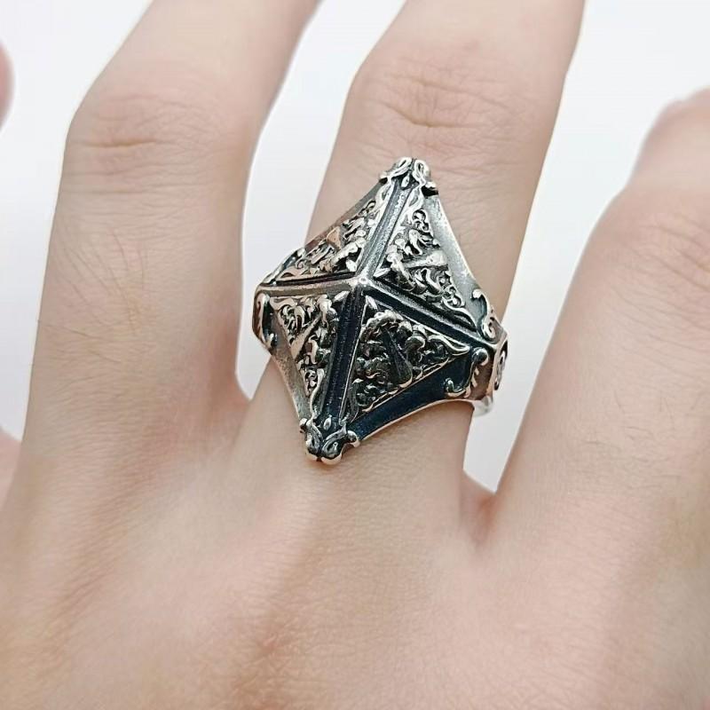 Adjustable Open Ring Men Women Vintage Geometric Pyramid Design Oxidized Brass With Gold Plating Retro Chic Jewelry