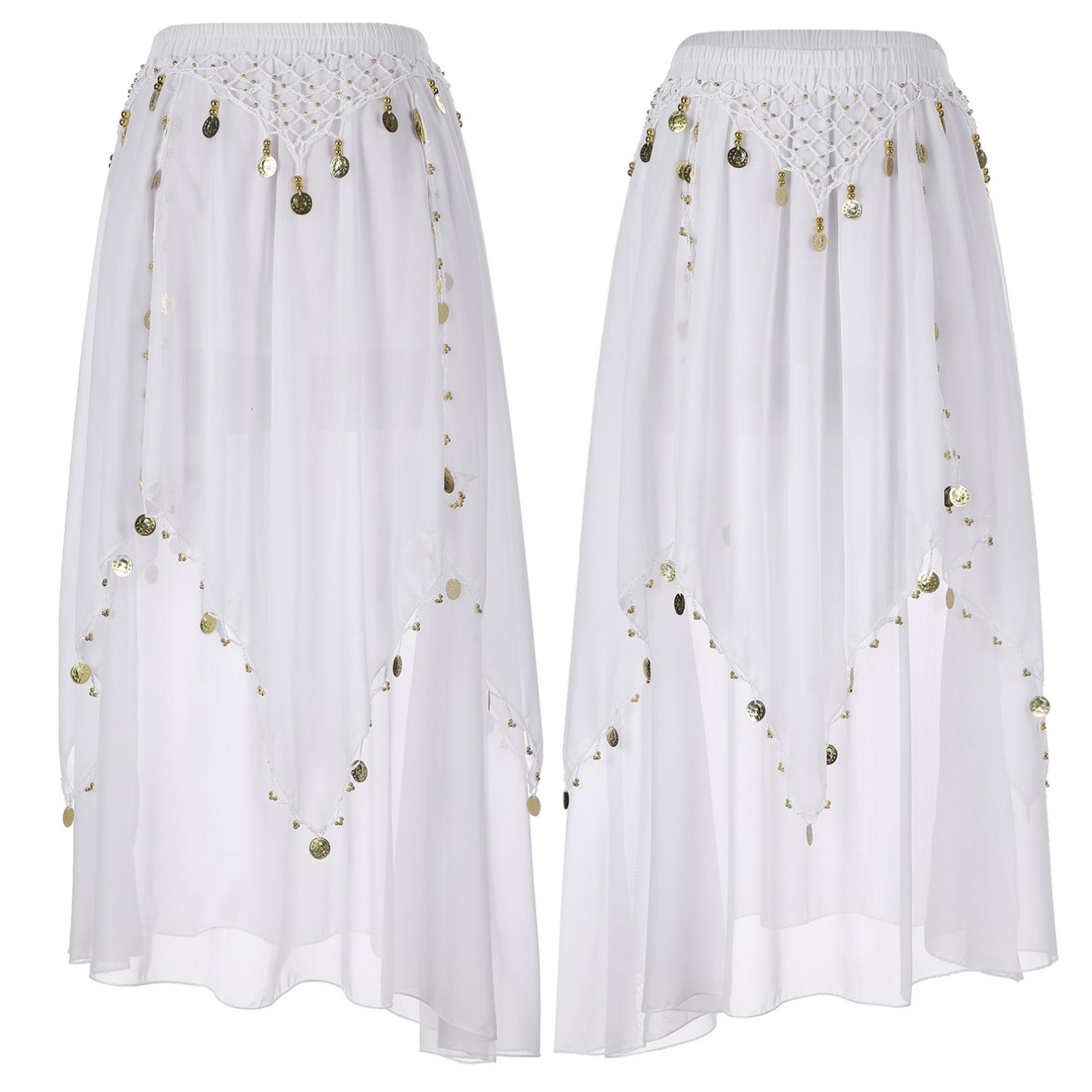 

Жіночий костюм для танцю живота, шифонова спідниця з бісером і блискітками, блискучий еластичний пояс, карнавальна рейв-вечірка, спідниця для танцю живота Танцювальний одяг білий