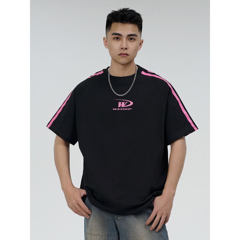 Wassup Trendy Brand Patchwork Three-Stripe Short-Sleeve Unisex Summer Loose American Retro Street Crew Neck Half-Sleeve Top