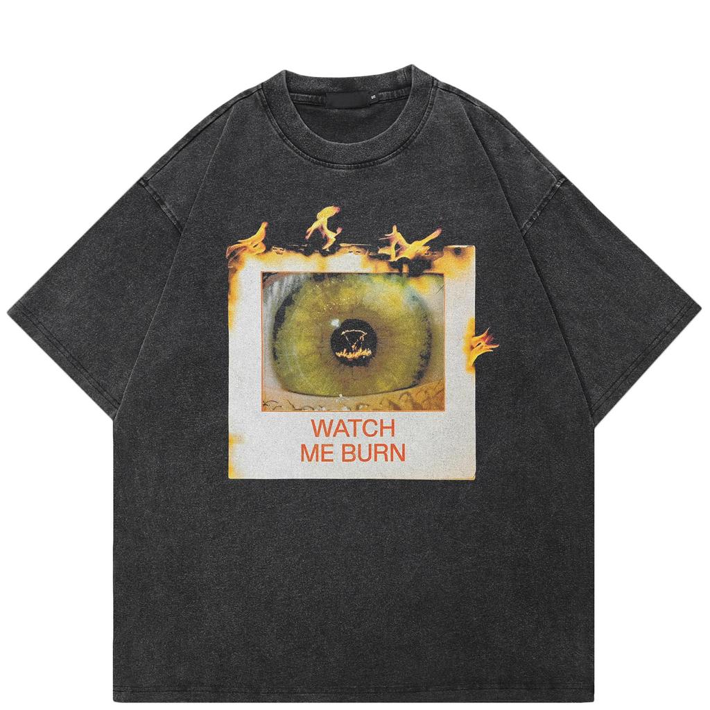 Streetwear Big Eye Graphic Washed Black T-Shirt Cotton Unisex Tops Tees Summer Short Sleeves T Shirt