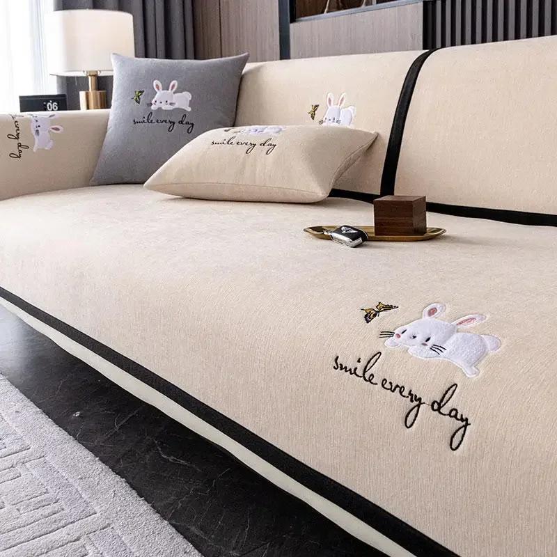 New Letters Embroidery Sofa Cover Four Seasons Universal Northern Europe Sofa Cushion Non-slip Chenille Black Edge Couch Cushion