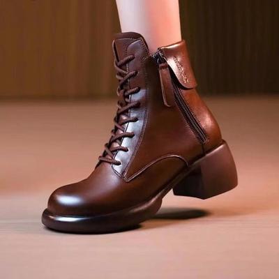 Retro Style High-top Thick-heeled Martin Boots Women's Autumn and Winter Fashion Mix and Match Mid-heel Short Boots