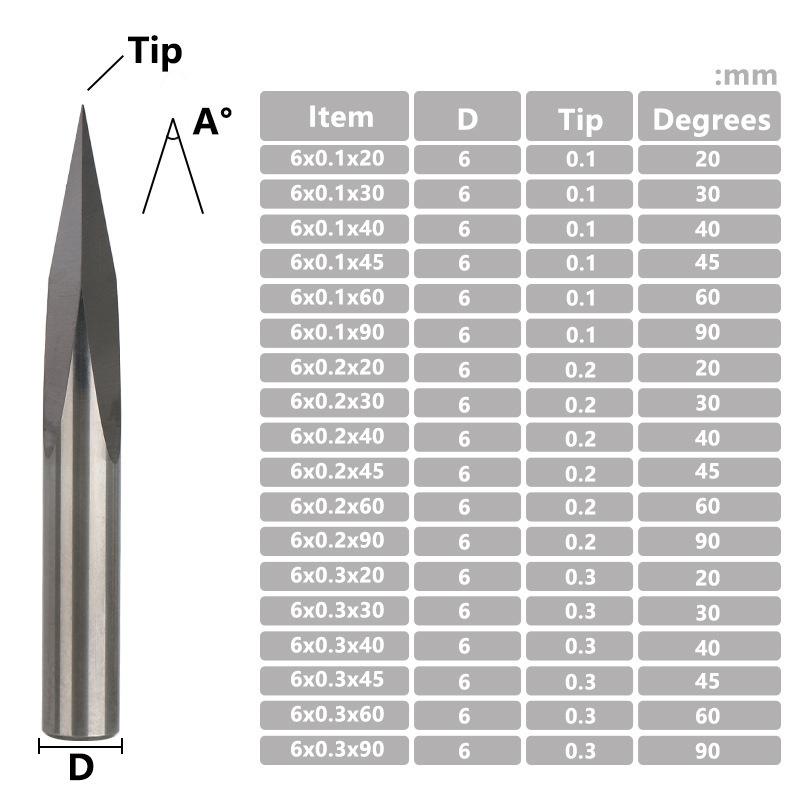 CNC Router Bit 3 Edge Pyramid Engraving Bits 4mm/6mm Shank Carbide End Mill 20,30,40,45,60,90 Degrees CNC Router Milling Tool