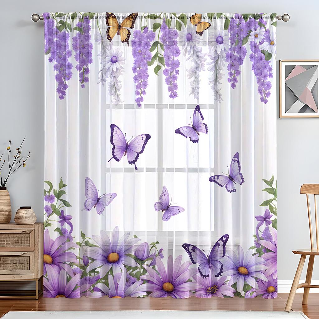 1PC Art Deco Style Sheer Curtain Tiers, Pastoral Flower and Butterfly Print,Rod Pocket, No Bleach, Clear Opacity, for Bedroom, Living Room