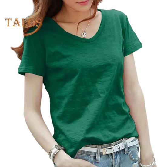 

Женская футболка с V-образным вырезом и коротким рукавом, свободная футболка, однотонная, мягкая, эластичная, летняя, топы на каждый день L зелёный