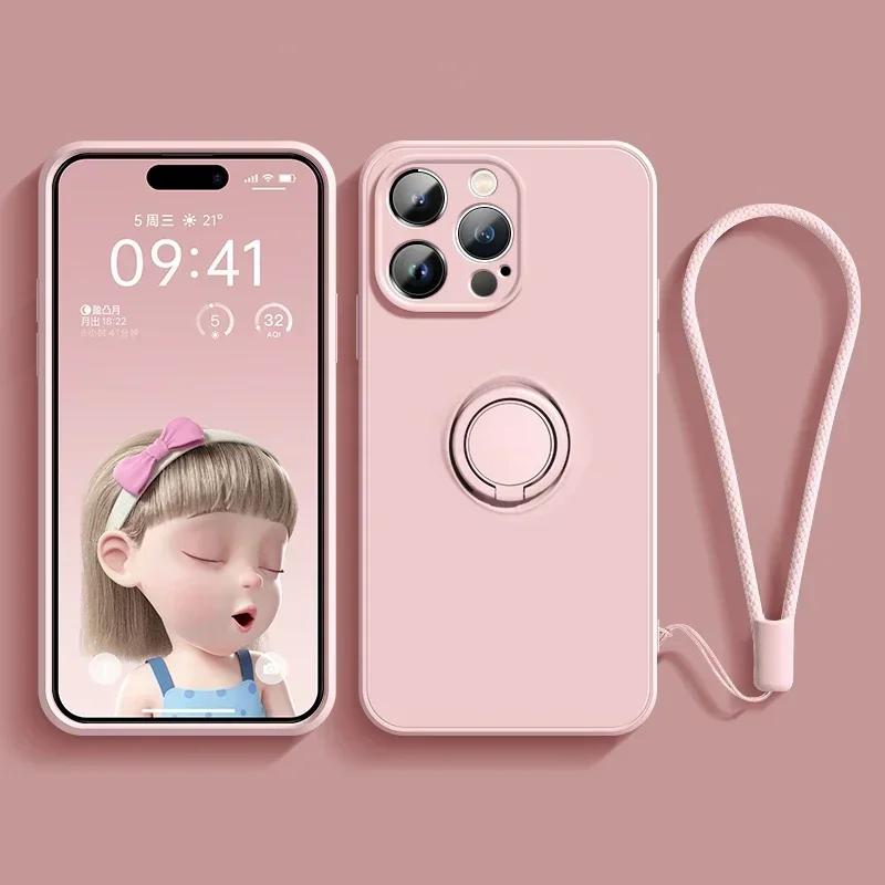 

Жидкий силиконовый чехол для iPhone 16 16e 15 13 Mini 14 12 11 Pro Max Plus Держатель для телефона Кольцо-подставка Защитная крышка С ремешком на запястье iPhone 11 Pro