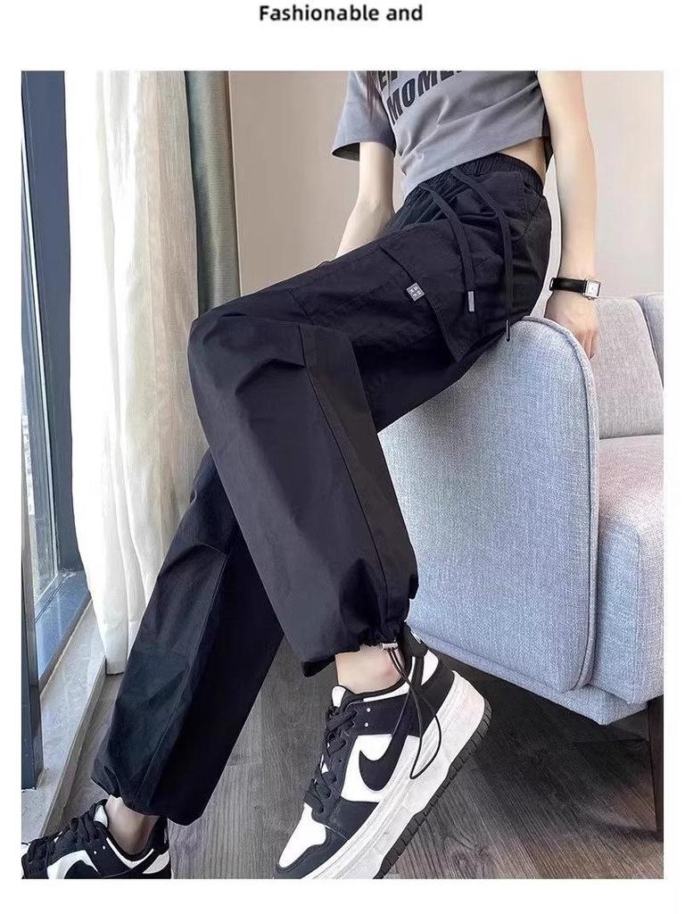 American Women's 2024 Summer Ice Silk Quick-Dry High-Waisted Cargo Pants - Breathable, Thin, Cuffed, Nine-Point Casual Trousers