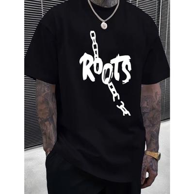European Sizes Men's Round Neck Short Sleeved T-shirt with Chain Letter Pattern Print, Simple and Fashionable T-shirt