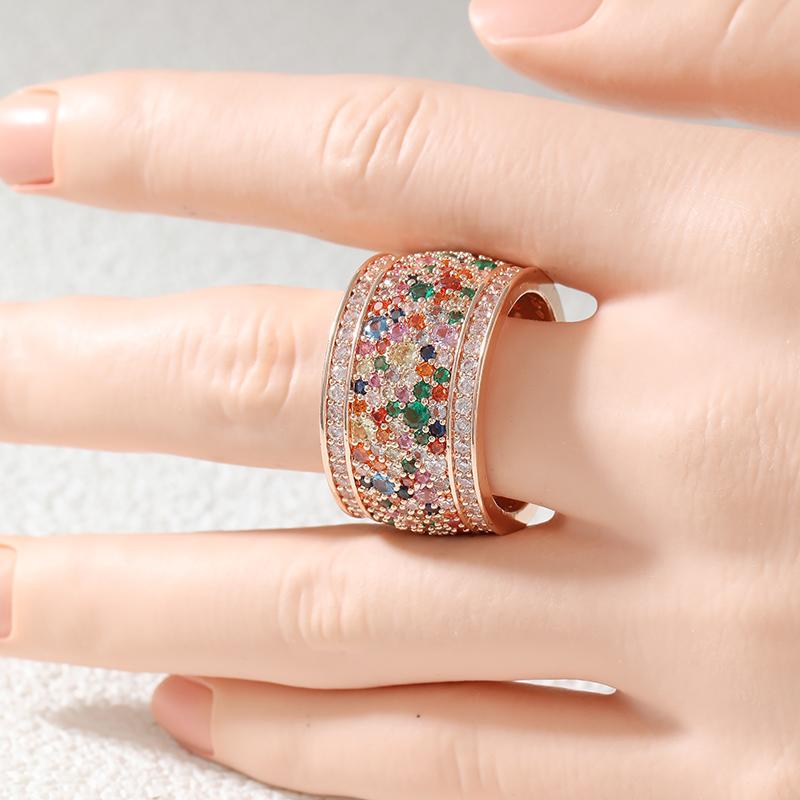 Luxury Inlaid Multicolored CZ Women's Ring Shine Gold Color Geometry Daily Wear Party Jewelry Anniversary Gift