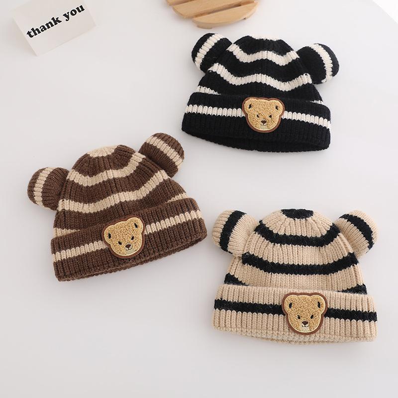Cartoon Stripe Baby Beanie Cap Cute Bear Ears Infant Knitted Hat Winter Warm Kids Crochet Hats Toddler Girls Boys Bonnet