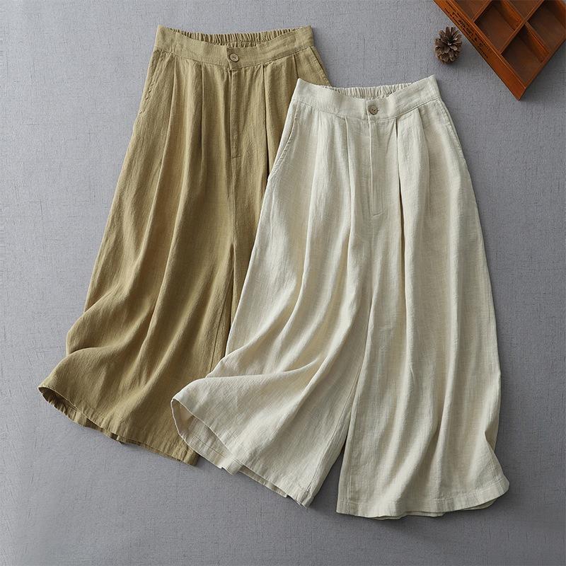 Real Shot Summer New Straight Cotton and Linen Literary Loose Retro Nine-point Wide-leg Pants Women