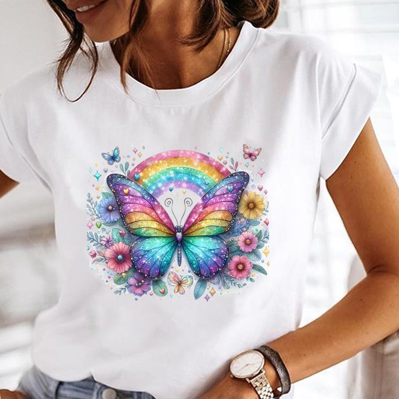 (Asian Size) Butterfly Cute Casual T Shirt Lady Female Top Printed Clothing  Fashion Graphic Short Sleeve T-shirts Women Tee