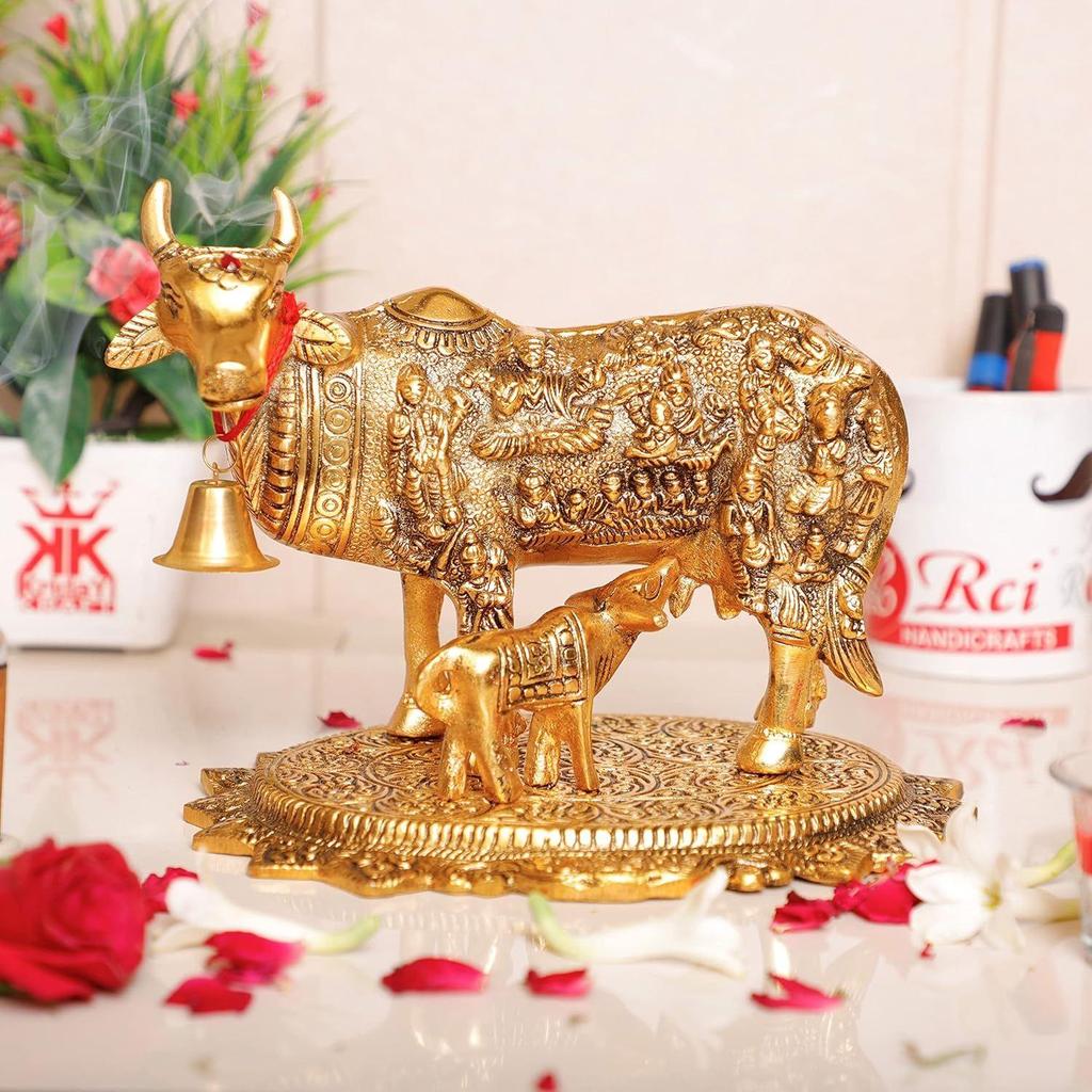 Gold Plated Kamdhenu Cow with Calf Metal Statue for Good Luck Feng Shui & Vastu Showpiece As Table Top Religious Idol