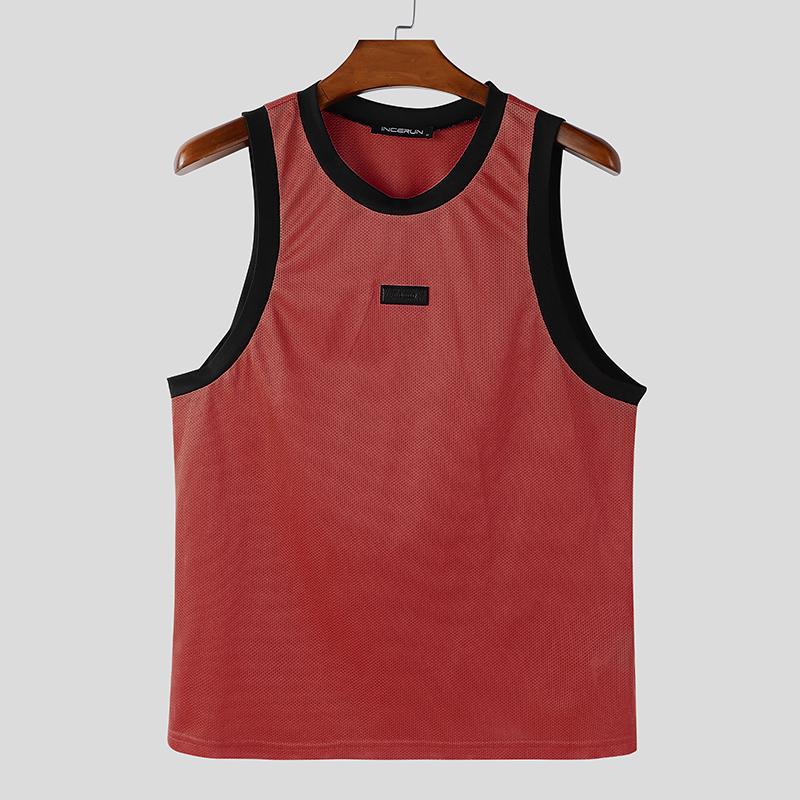 

INCERUN Men Round Neck Sleeveless Casual Sport Loose Tank Tops Undershirts 3XL вина червоного кольору