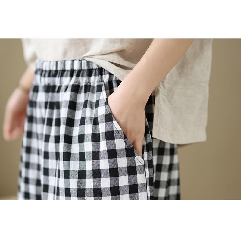 DIMANAF 2026 Summer New Plus Size Women Long Pants Vintage Printing Loose Casual Elastic Waist Lady Bottoms Black Plaid