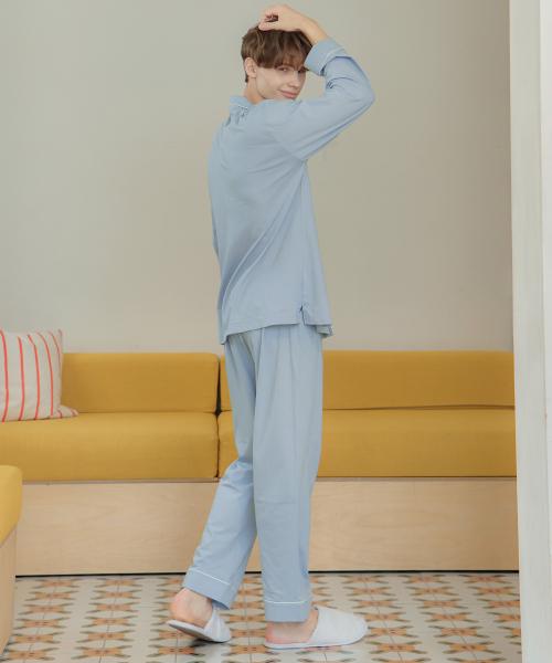 [May Flower] Soft Light Blue Long Sleeve Pure Cotton Men's Plus Size Pajamas Set [Shipped from Korea] 100% Authentic