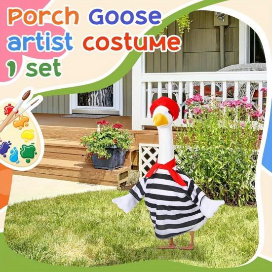 1 Set Porch Goose Outfits Outdoor Garden Lawn Yard Goose Statue Striped Shirt Red Hat Hawaii Bikini Swim Ring Holiday Party Dress-up Clothing