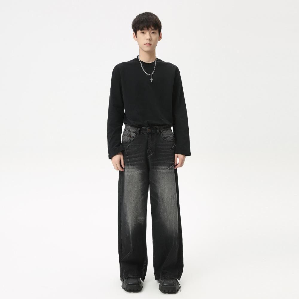 | American high street retro cat whisker washed straight loose commuter black and gray jeans
