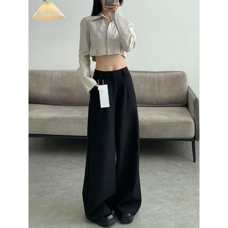 

Black Wide-Leg Suit Pants for Women, New Summer Style for Plus-Size Girls, Pear-Shaped Body, High-Waisted, Loose Fit, Slimming Casual Pants Black S(Suggestion 40-45kg)