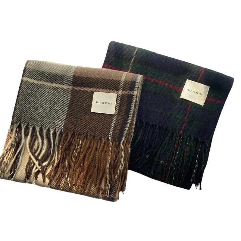 Customized fringed plaid scarf women's autumn and winter thickened warm scarf imitation cashmere retro British knitted scarf
