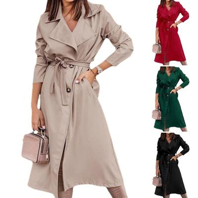 Winter Women Jacket with Lace-Up Belt Long Sleeves Pockets Windbreaker Double-breasted Coat Calf