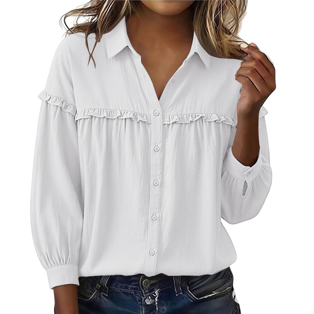 Womens Button Down Linen Shirts Collar Long Sleeve V Neck Tops