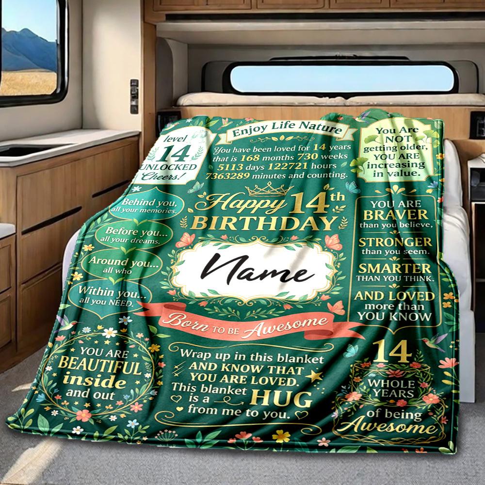 Happy 14Th Birthday Celebration Blanket Personalized Name Soft Comfortable Stylish Blanket Car Blanket Perfect For Travel Camping Outdoor Home