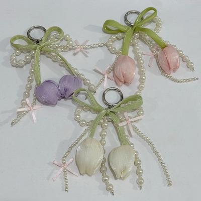 New Ribbon Pearl Tulip Ribbon Keychain Tulip DIY Mobile Phone Pendant Jewelry Style Pearl Bow Bag Accessories Mobile Phone Chain