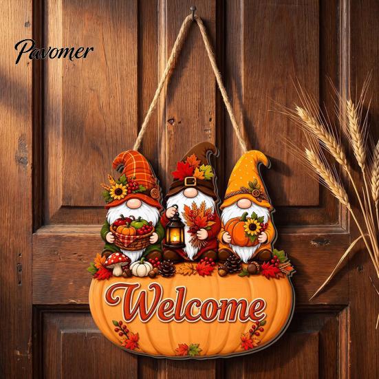 Autumn Welcome Sign Pumpkin Gnome for Front Door, Rustic Wood Hanging Wooden Ornament with Hemp Rope Fall Harvest Home Porch Wall Decorations