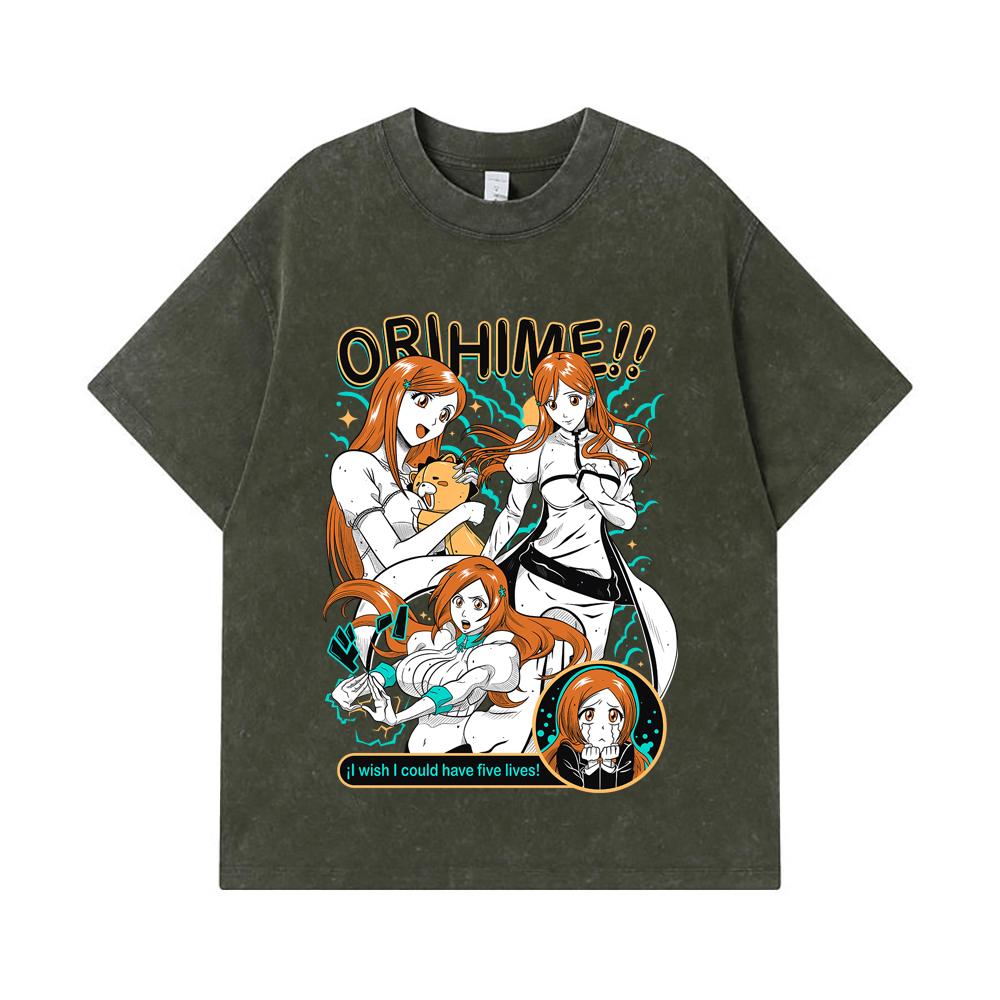 

275 GSM Washed T-shirts 100% Cotton Bleach V3 Orihime Print Unisex Heavy Cotton T Shirt S армия зеленый