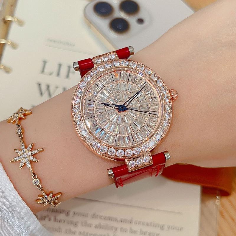 Shigaodi Women's Large Dial Leather Strap Full Diamond Watch, Red Luxury Edition