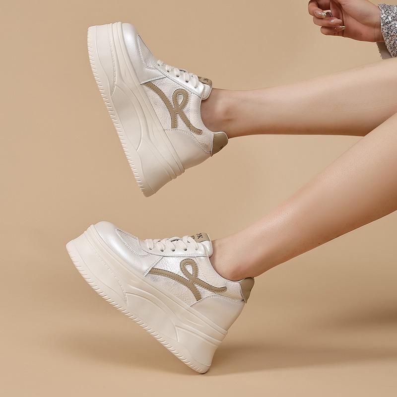 Thick-soled Women's Leather Cloth Splicing Red Strip Shoes, New Versatile Sports and Leisure White Shoes