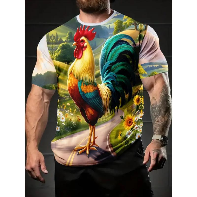 Men's 3D Rooster Printed T-shirt Humorous Digital Printed Short Sleeved T-shirt Breathable Polyester Round Neck Casual