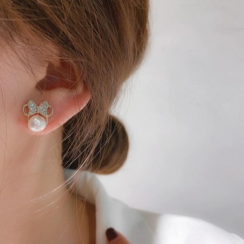 Bow Pearl Cute Stud Earrings With Crystals Mouse Trendy Charm Accessories Cartoon for Women Simple Bow Earring Wedding Gift