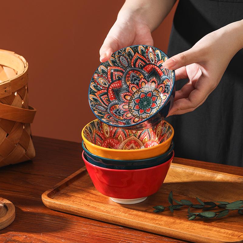 Bol de orez ceramic boem retro de 5" cu picior înalt - Bol de uz casnic monocolor