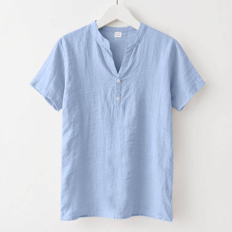 Summer Men's Casual Loose-Fit Shirt with Stand Collar Linen Short-Sleeved Plain-Coloured Shirt Plus Size Menswear
