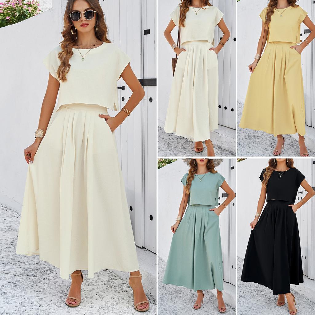 Women's Spring and Summer Temperament Casual Solid Color Sleeveless Vest Top Dress Set