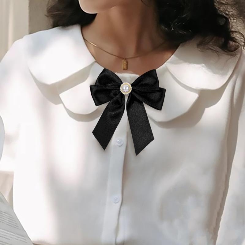 Broșă Perlă cu Fundă Neagră pentru Femei, Ace Versatile pentru Guler de Cămașă, Decorațiune Vestimentară, Cravată Panglică, Accesorii Bijuterii, Cadouri