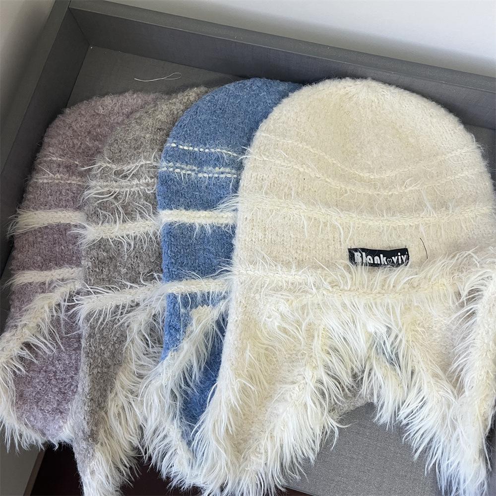 Contrast Color Neck Plush Hat Women's Autumn and Winter Warm Ear Protection Knitted Hat Big Head Circumference Fashionable and Cute Headgear
