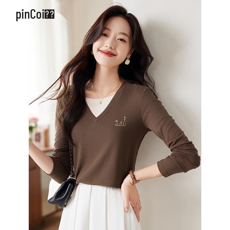Pincai Women s Solid Round Neck Long Sleeve Slim Fit T-Shirt L