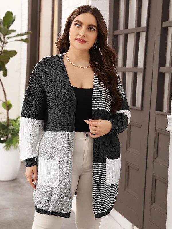 Large size women's clothing, European, American autumn and winter knitted cardigan, new striped wool knitted sweater, fashionable and versatile