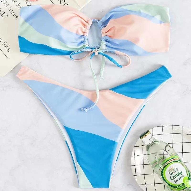 Sexy Bikini Set for Women Thong, Side Halter Tie Swimsuit Ladies Split Strap, Adjustable Brazilian Swimwear,Beachwear