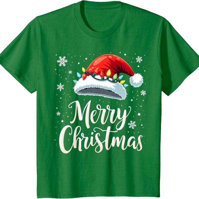Red Santa Hat Christmas Tshirt with Christmas LightsMen and Women Crew Neck Short Sleeve Cotton Top Casual Fashion Comfortable