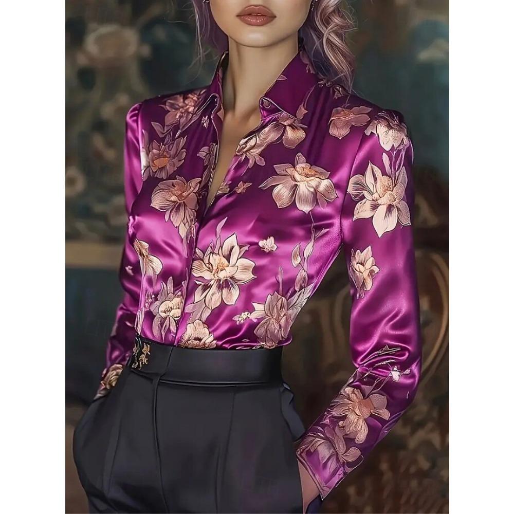 Fashion Women's Graphic Floral Printed Long Sleeve Shirt Casual Regular Tops Button Down Work Shirts Daily Wear Classic Design