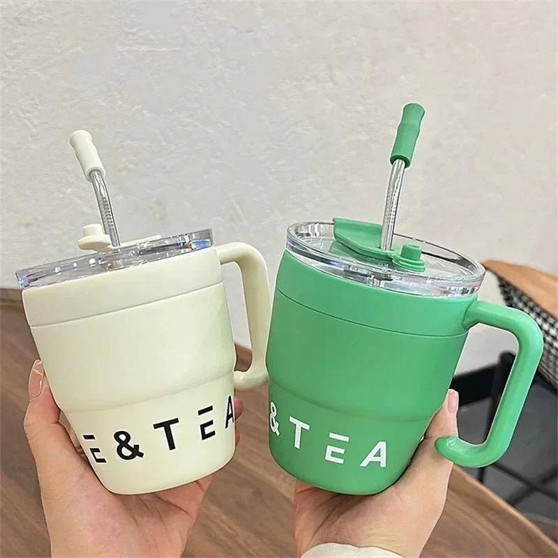480ml Coffee Cup with Straw Lid Stainless Steel Thermos Mug for Hot Cold Drinks Water Tea Milk Office Outdoor Portable Bottle