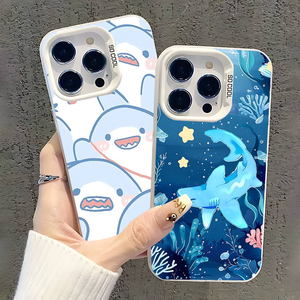 Cute Cartoon Animals Shark Phone Case For iPhone 17,16,15,14,13,12,11,Pro,XS,Max,Plus,Mini,SE White Candy Matte Shockproof Cover