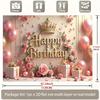 2D Girls Happy Birthday Photo Backdrop Banner Pink Gold Crown Rose Balloon Gift Party Background Cloth