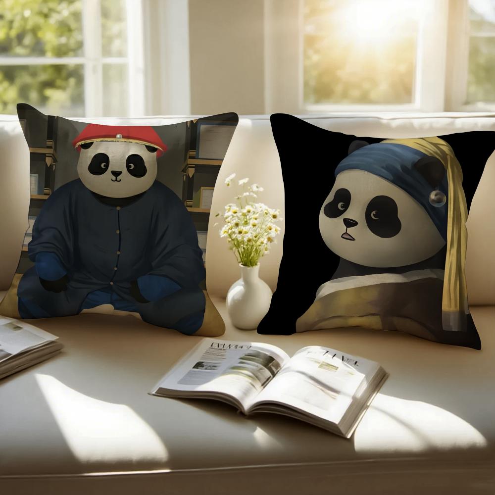 Retro Adorable Cute Panda Cartoon Art Cushion Cover Pillowcase Antidustmite Invisible Zipper Short Plush Sofa Cushion